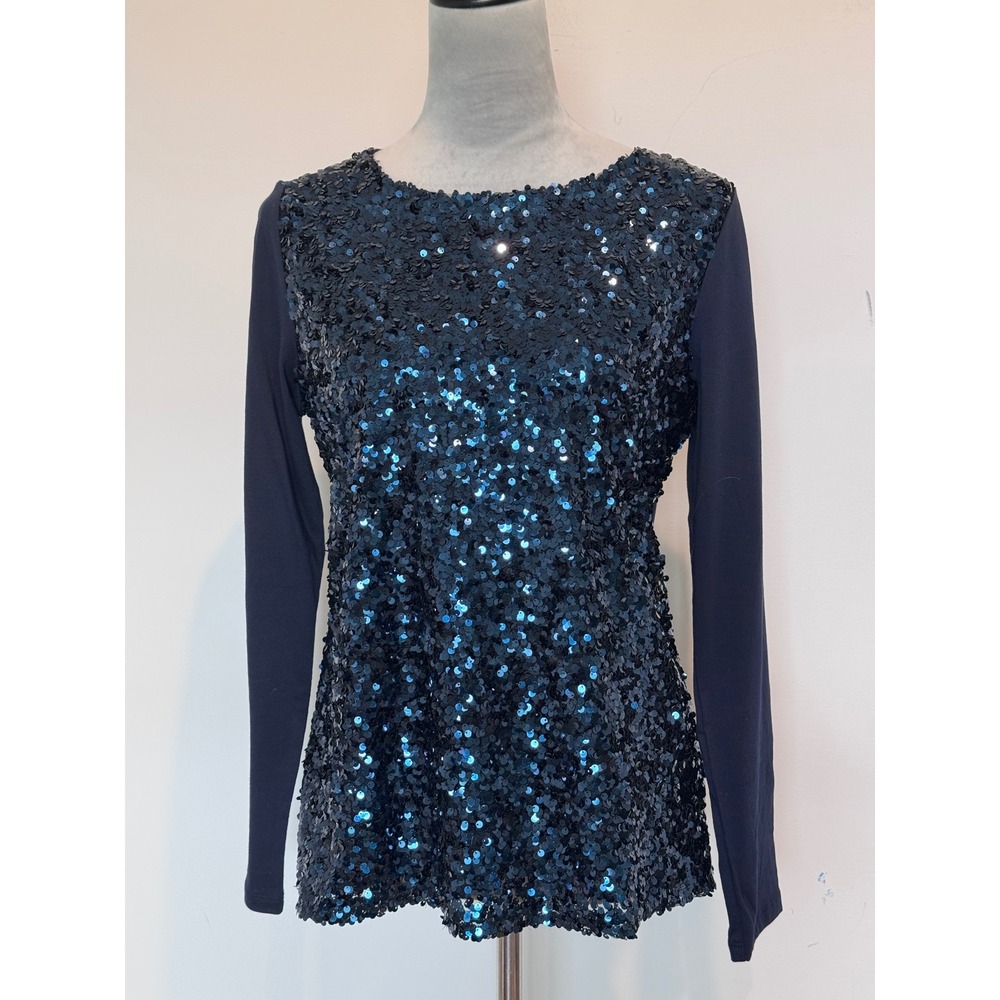 Talbots Womens Navy Blue Sequin Front Long Sleeve Knit Top Size S NWT